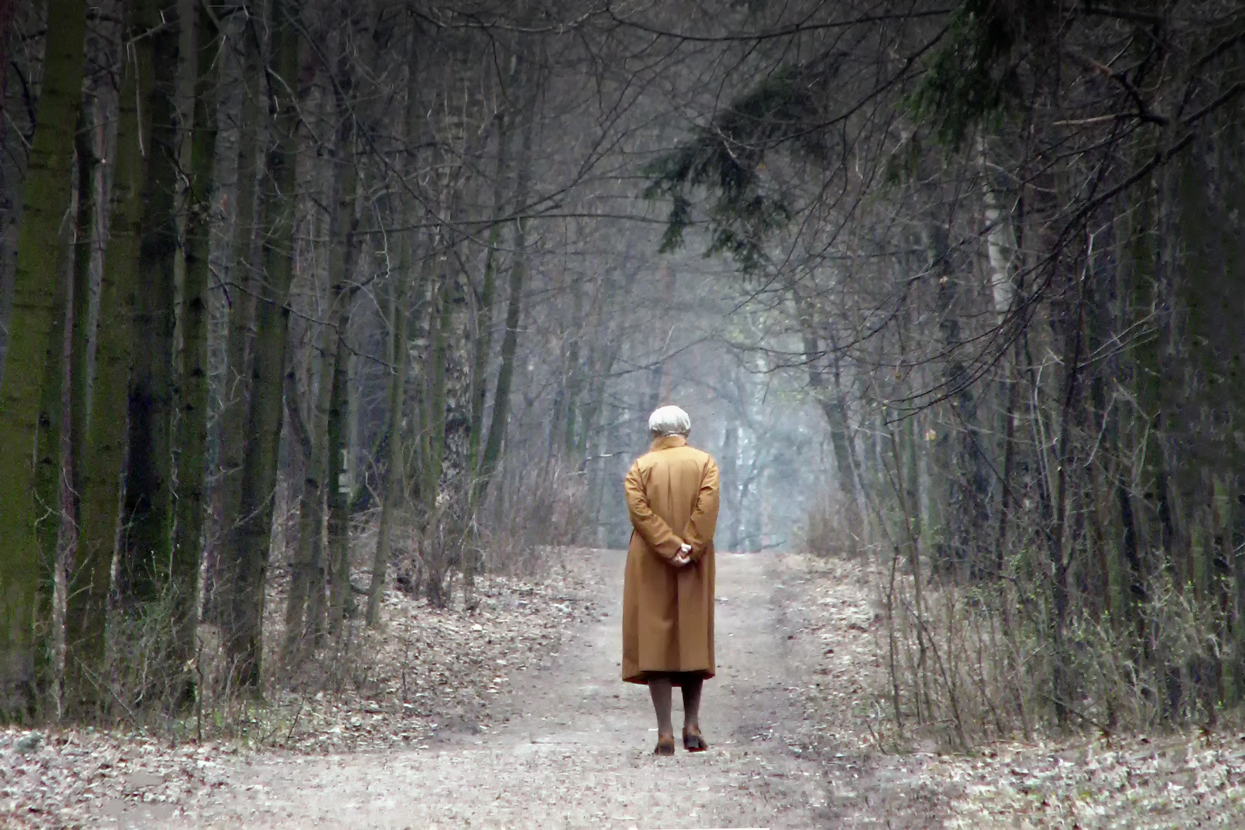 Old woman walking in the forest lifestyle. Depression, unhappy and pain in the receding silhouette of a sick elderly person.