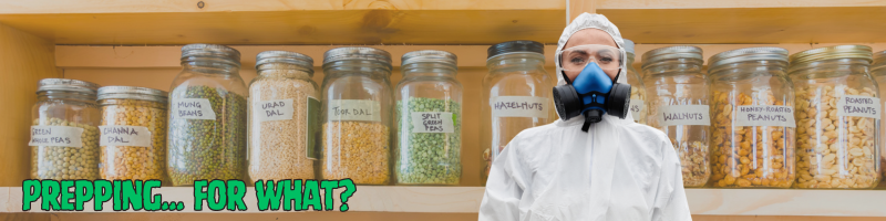 pantry shelf with staples, and a woman in hazmat gear in front