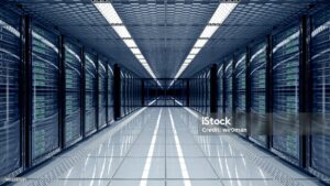 Server room data center with rows of server racks. 3d illustration