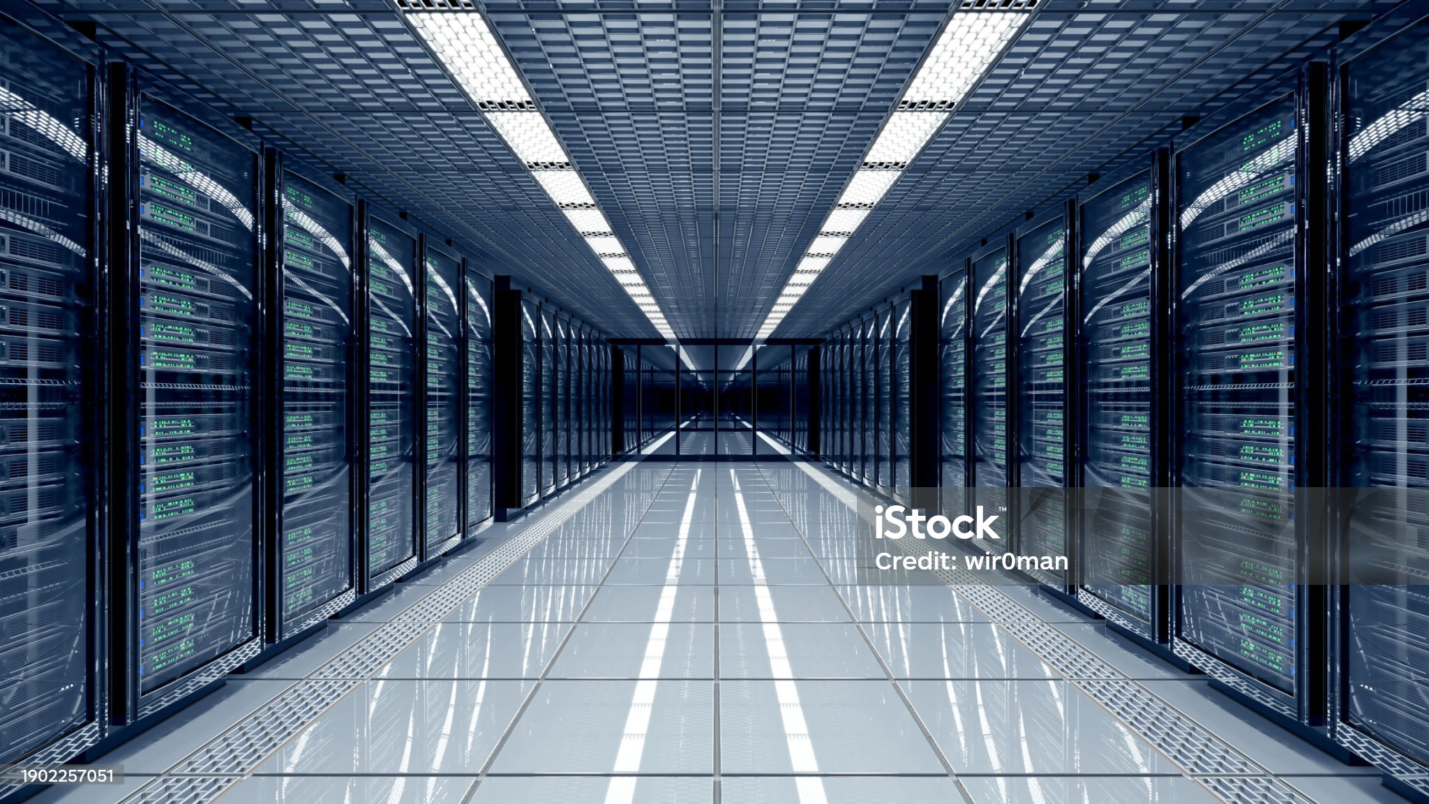 Server room data center with rows of server racks. 3d illustration