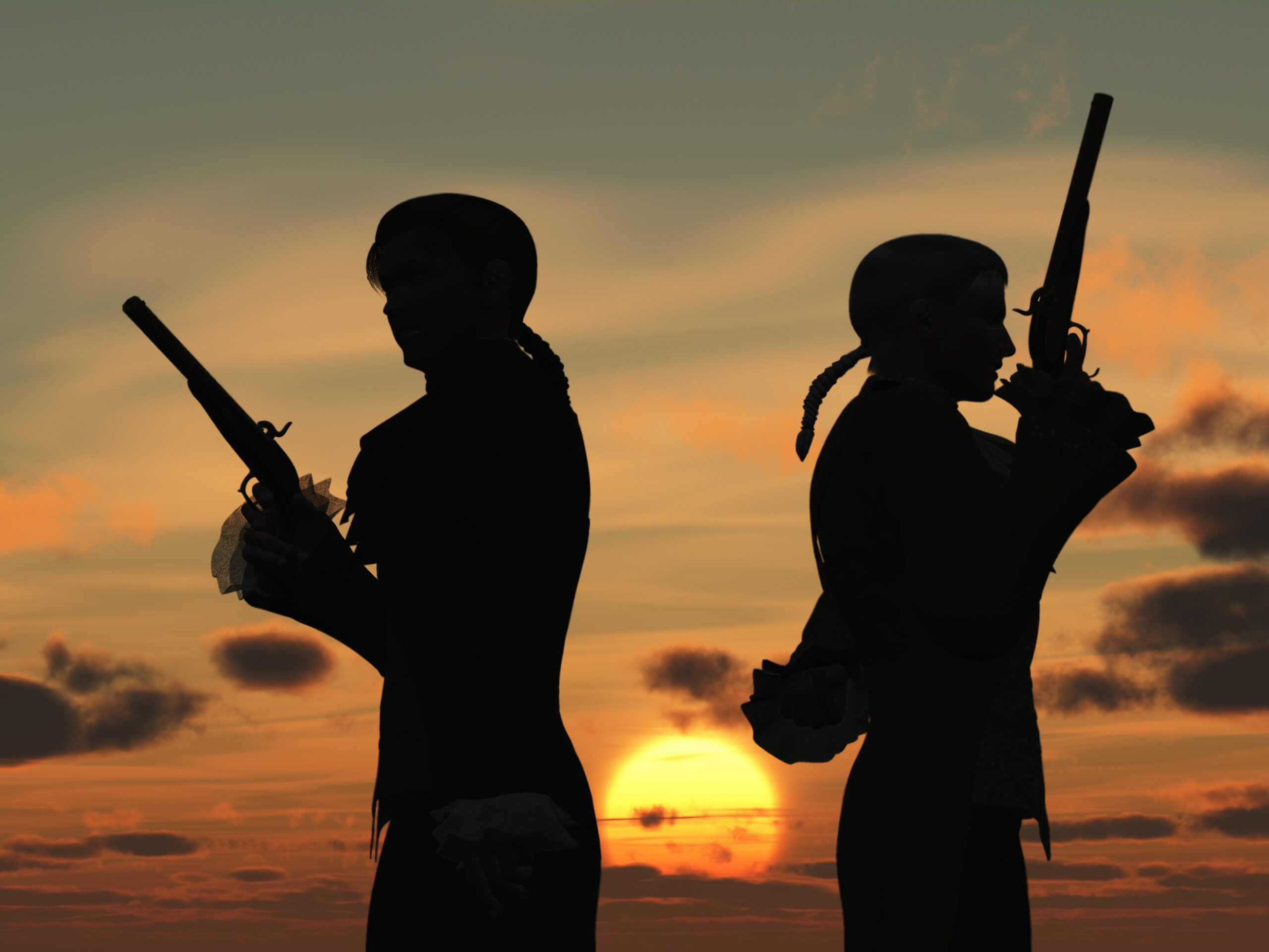 Two young men back to back with duelling pistols in silhouette against the dawn  preparing to take ten paces turn and fire