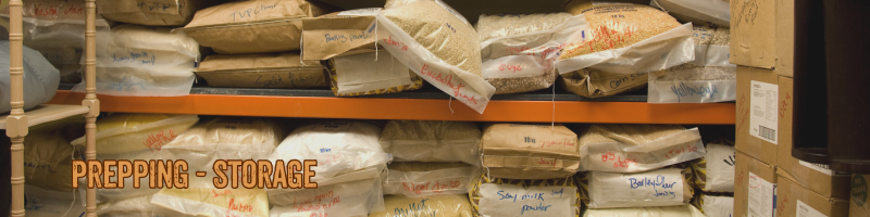 Storage shelves holding many bags and boxes of food