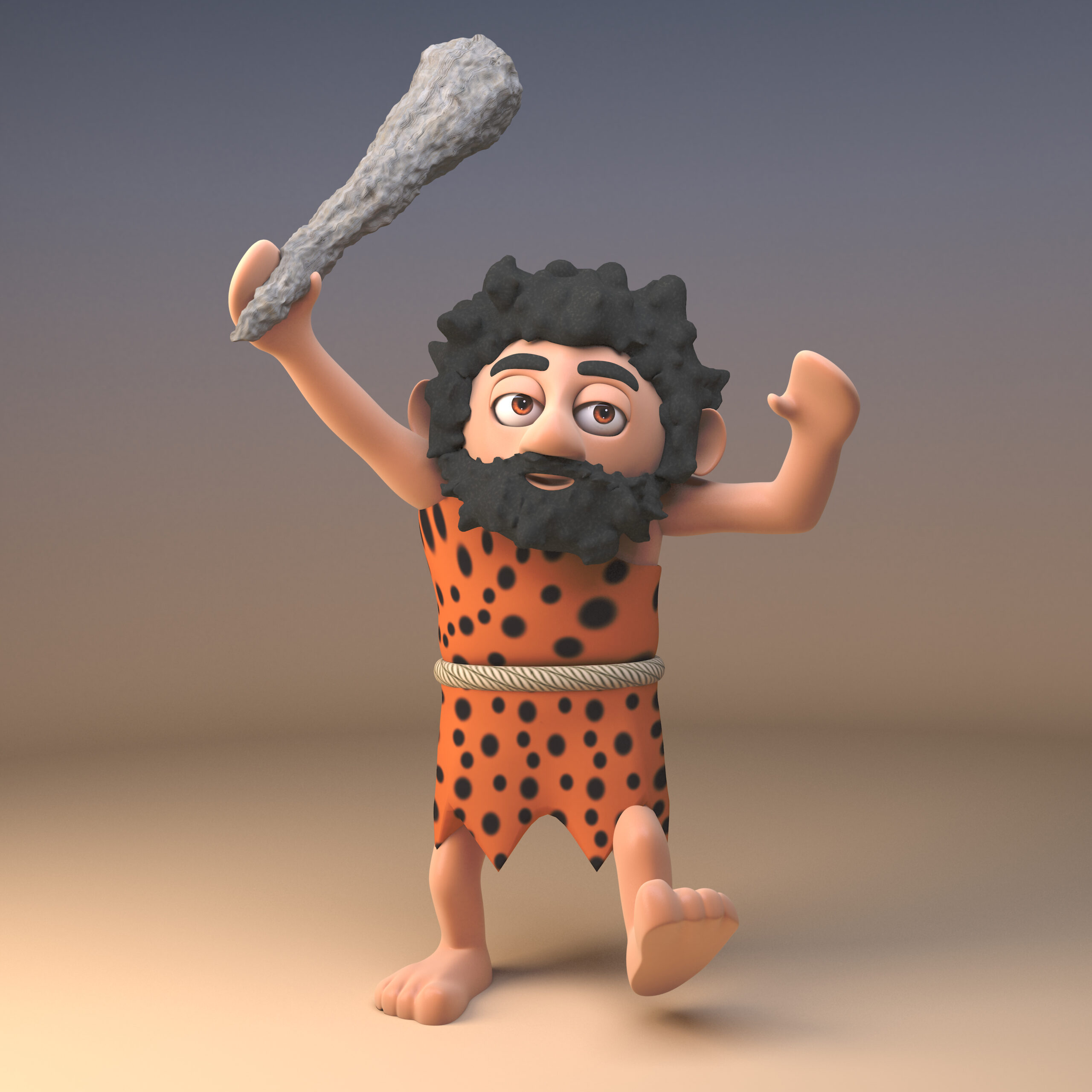 Angry stone age caveman in animal pelt with long beard waves his prehistoric club in the air while ranting, 3d illustration render