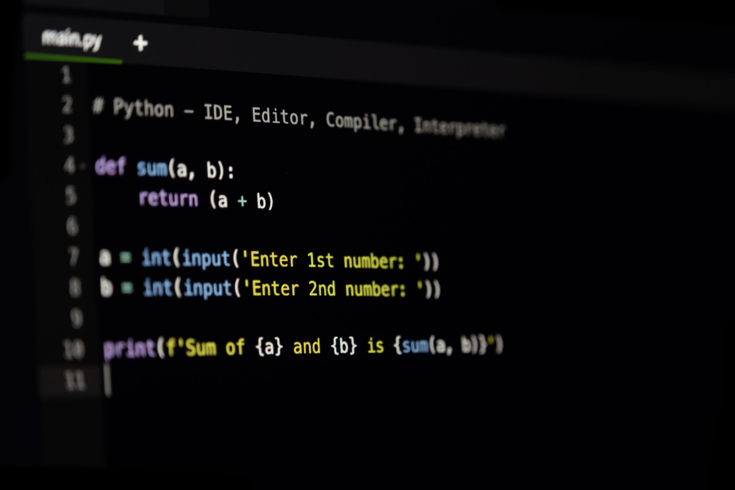 Software source code. Program code. Code on a computer screen. The developer is working on program codes in the office. Photo with source code. Python IDE