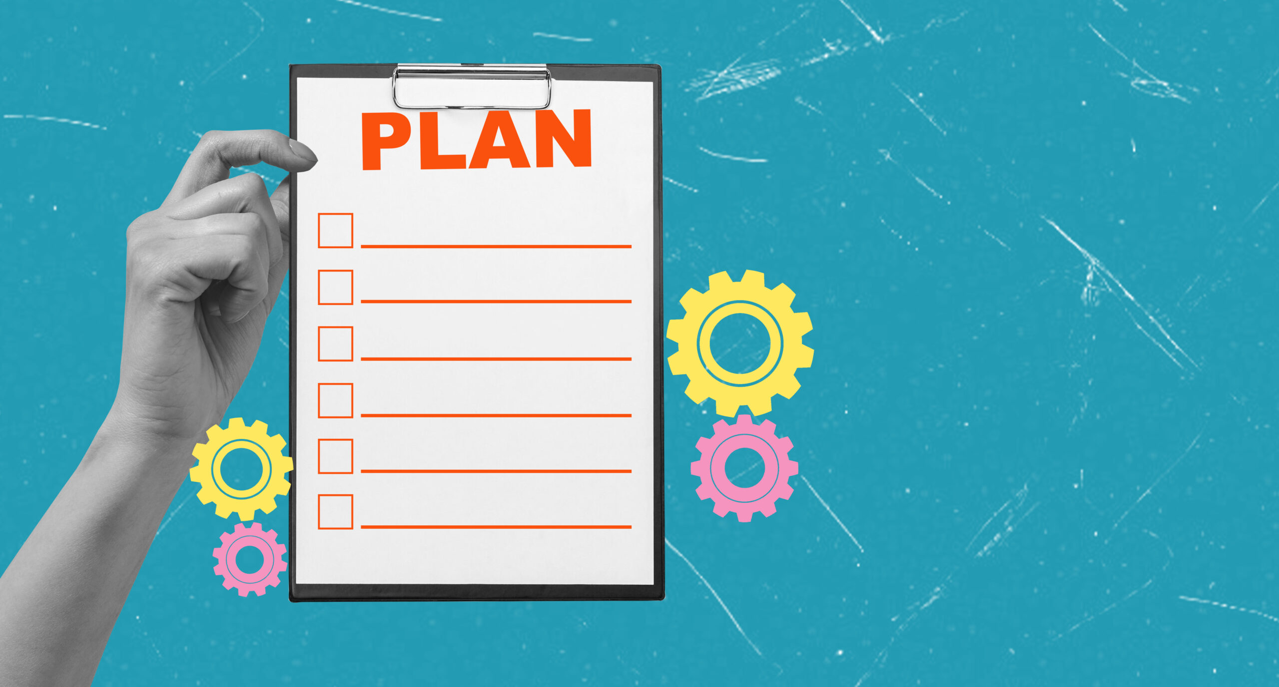 A hand holds a checklist labeled PLAN against a bright blue background, surrounded by colorful gears, symbolizing the importance of planning in projects.