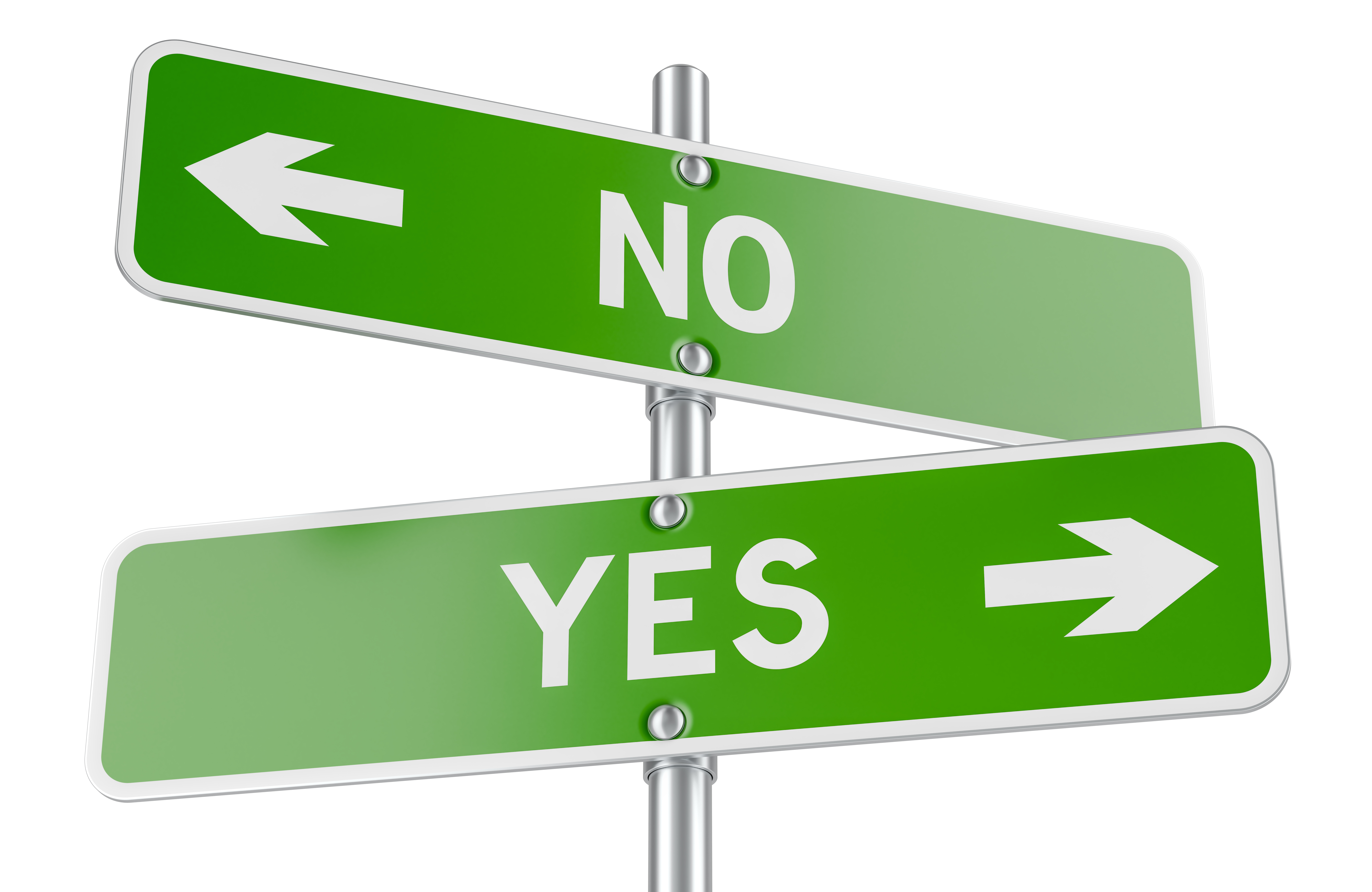 Yes and No road signs with arrows, decision making concept. 3D rendering isolated on white background