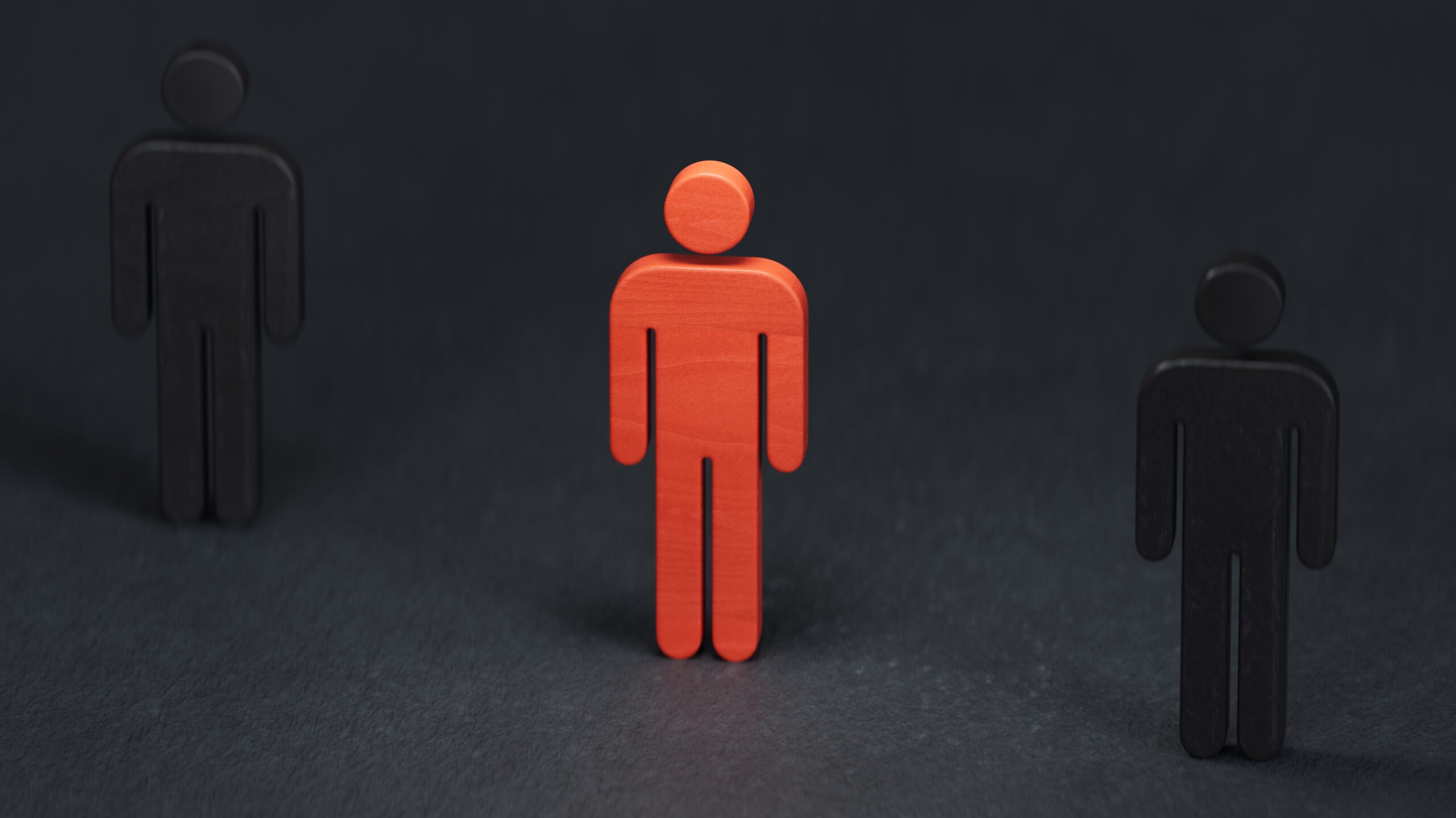 Different person in a crowd. Unique individuality concept.Perfect for representing business strategy, leadership, and management.3D rendering on black background.