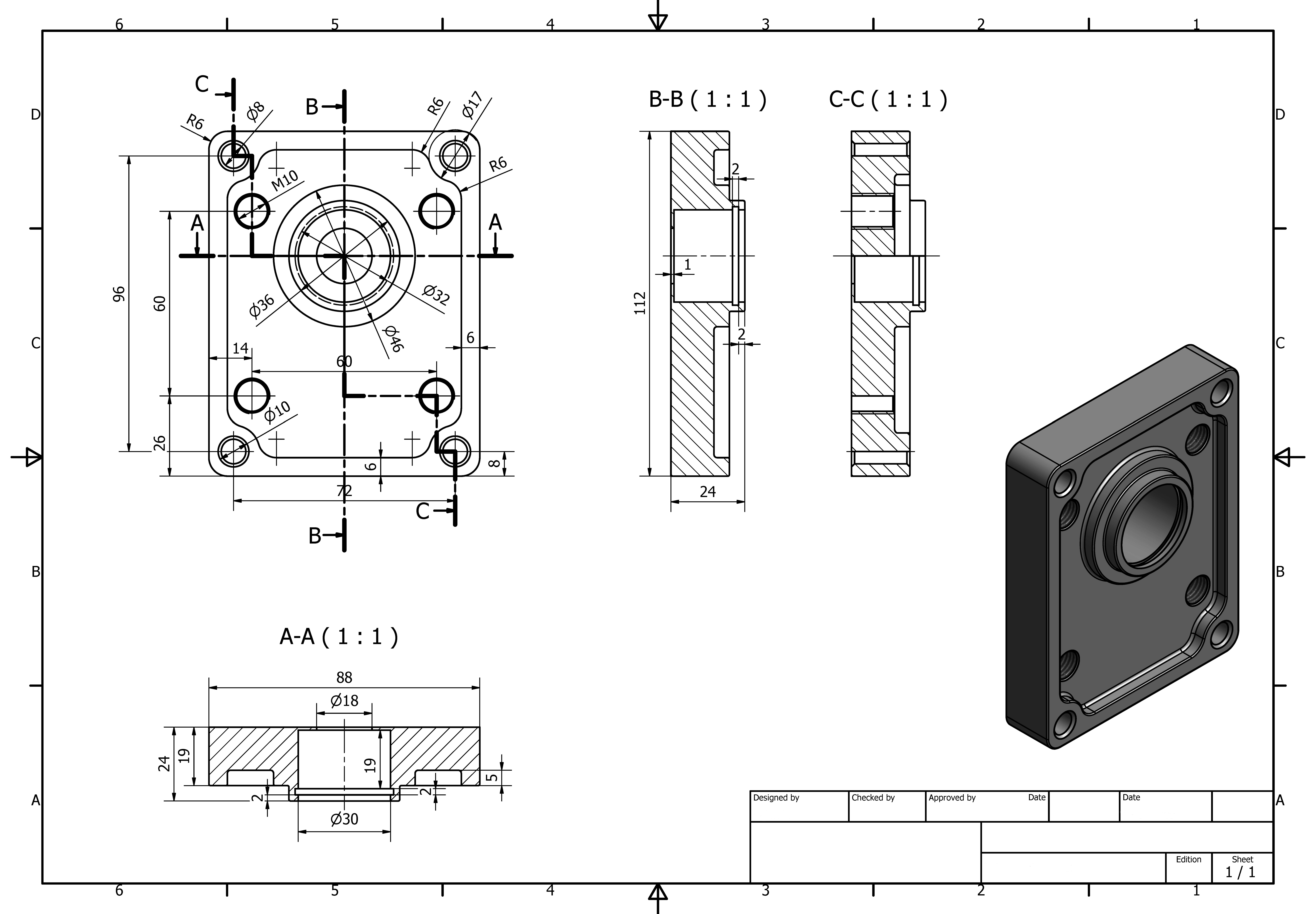 detailed engineering drawing of a mechanical component, housing or mounting plate, various views and dimensions CAD design