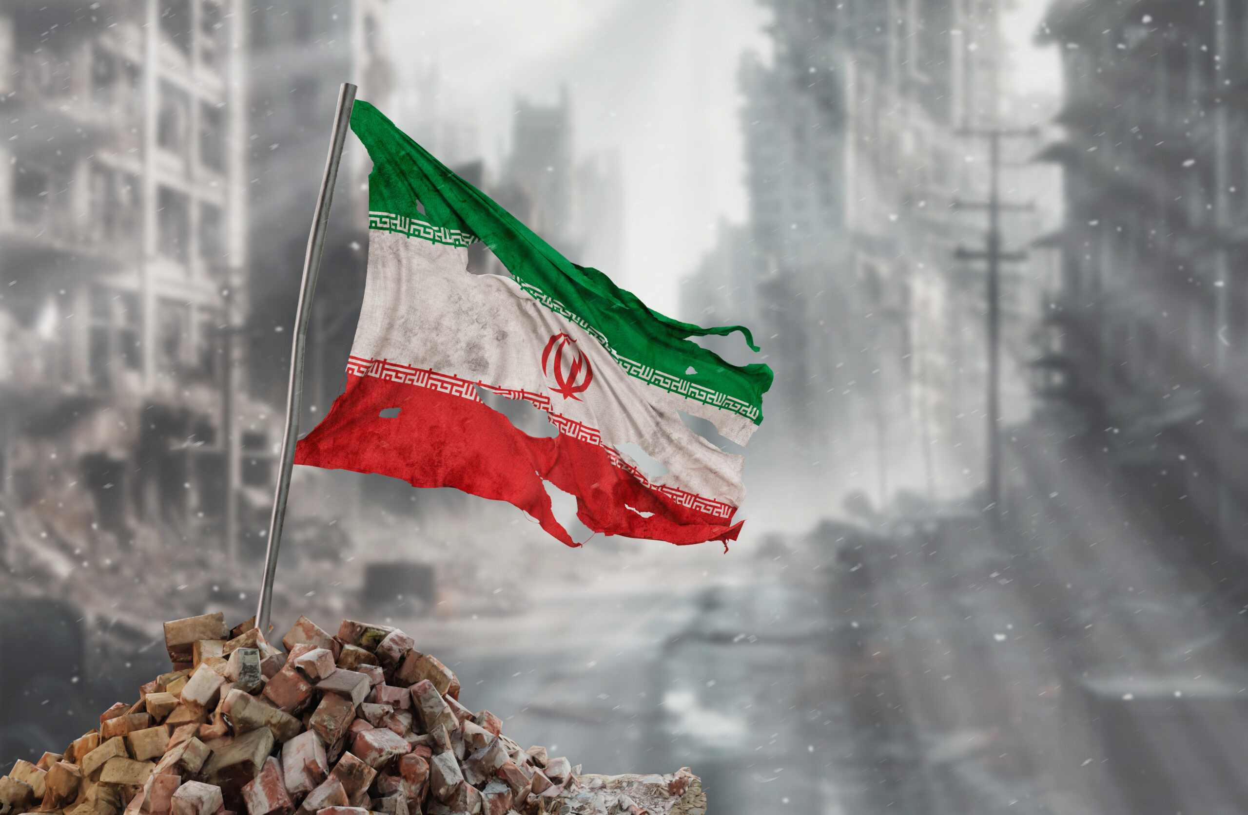 Dirty and torn Iran flag, symbol of resistance and victory. A scene of war and devastation, the ruins of a city destroyed by conflicts. 3D Rendering.