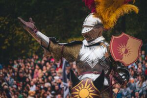 One of many colorful knights boasting and preparing for ye oldest and noblest of sports—the joust! Taken at the Carolina Renaissance Festival.